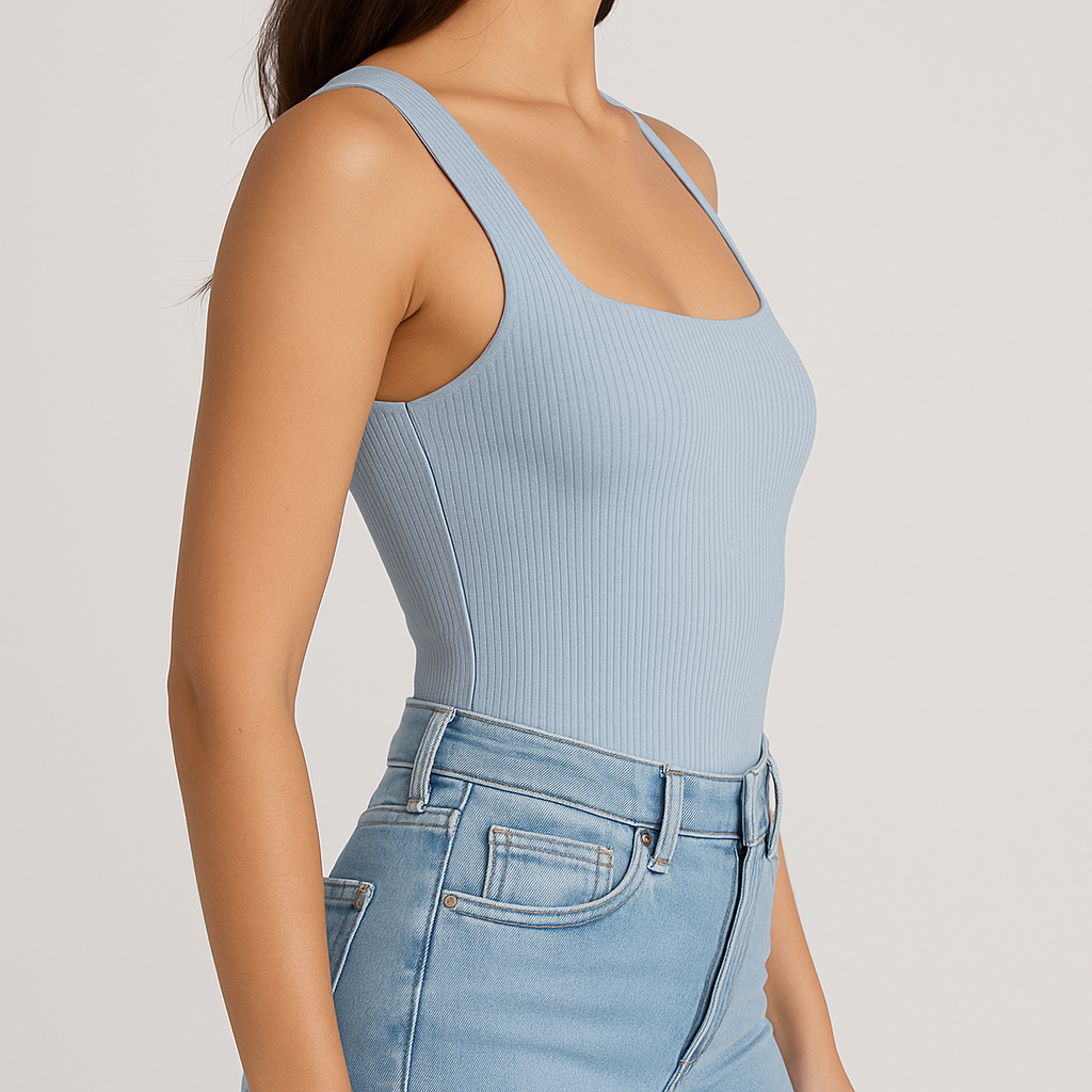 Ribbed Wide Strap Square Neck Bodysuit