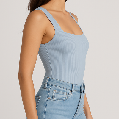 Ribbed Wide Strap Square Neck Bodysuit